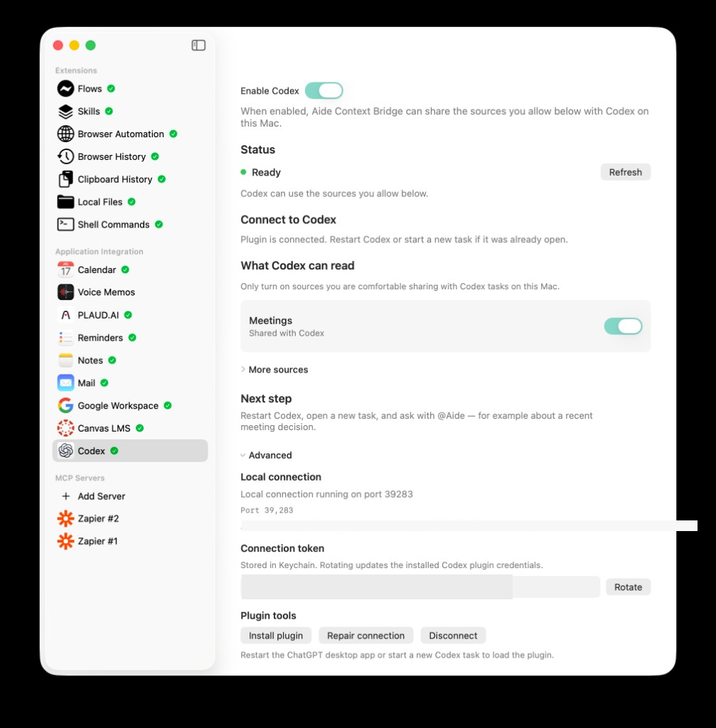 AideAI Codex Advanced section with local connection, connection token rotate, and plugin tools