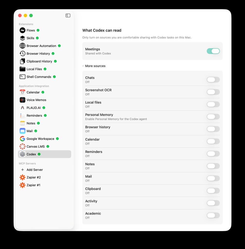 What Codex can read with Meetings on and More sources expanded showing other sources off