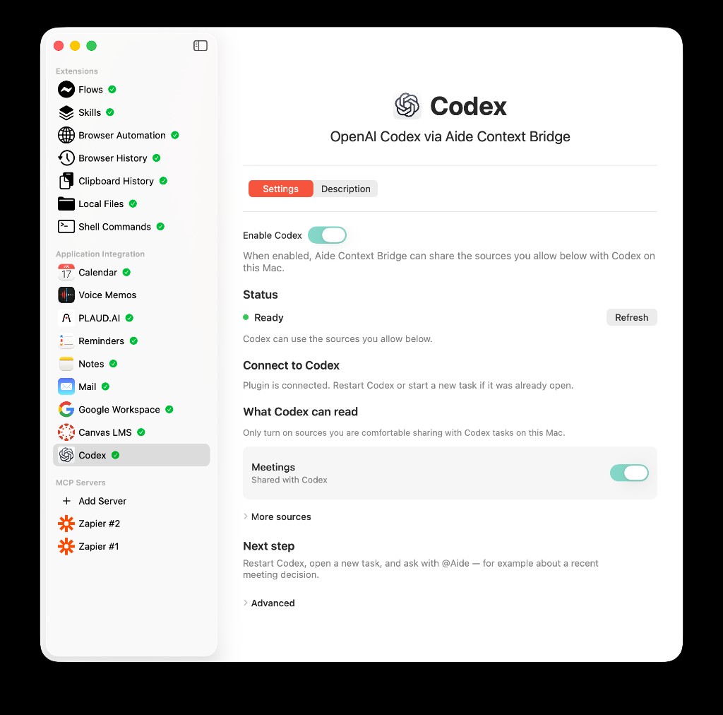 AideAI Codex settings showing Enable Codex on, Status Ready, plugin connected, and Meetings shared