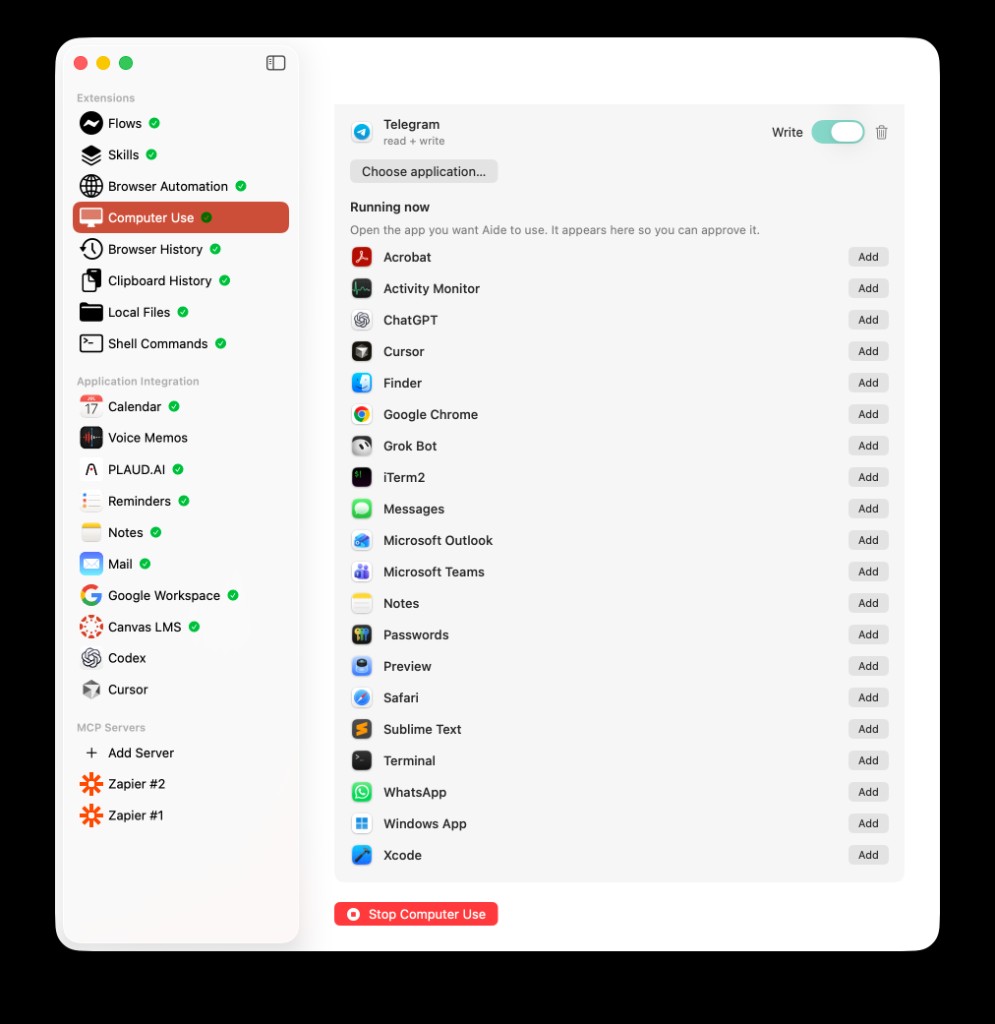 Computer Use Approved apps with Telegram on Write, the Running now list with Add buttons, and Stop Computer Use
