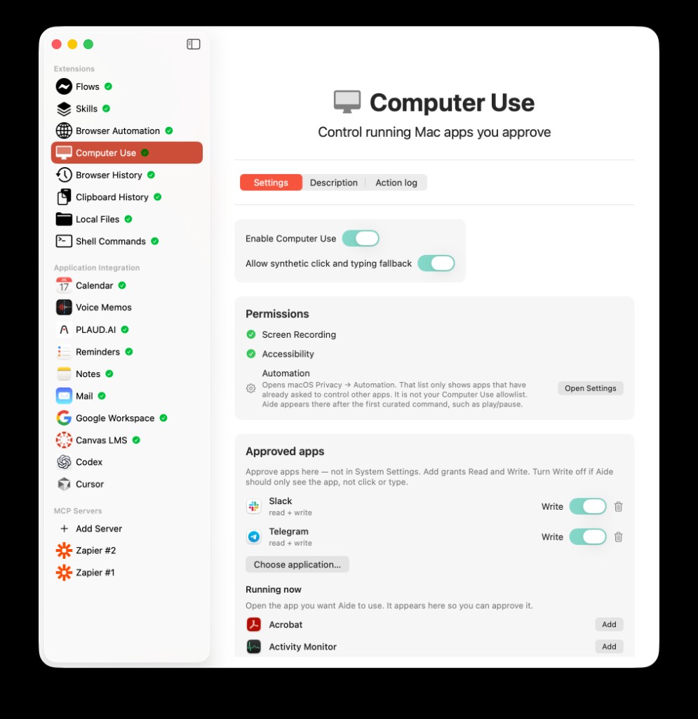 AideAI Computer Use settings with Enable Computer Use on, Screen Recording and Accessibility granted, Slack and Telegram approved with Write on