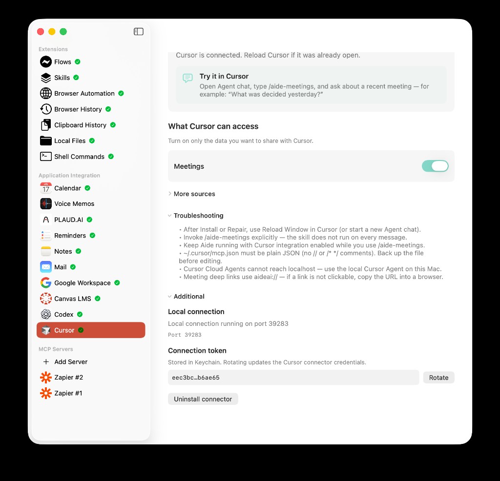 AideAI Cursor Troubleshooting and Additional sections with local connection, token rotate, and uninstall connector