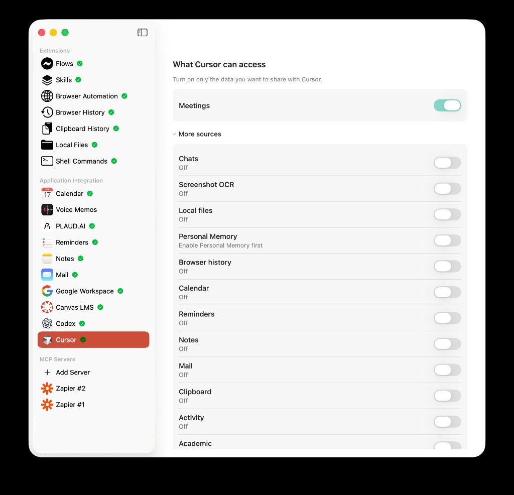 What Cursor can access with Meetings on and More sources expanded showing other sources off