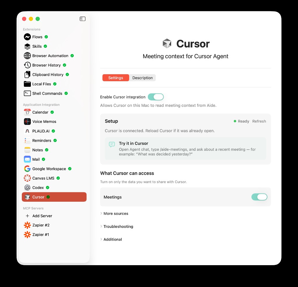 AideAI Cursor settings showing Enable Cursor integration on, Setup Ready, Try it in Cursor callout, and Meetings shared