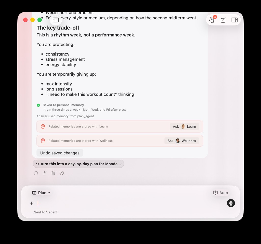 Plan chat reply with Saved to personal memory, Undo, Used from memory, and Ask Learn or Wellness referral chips