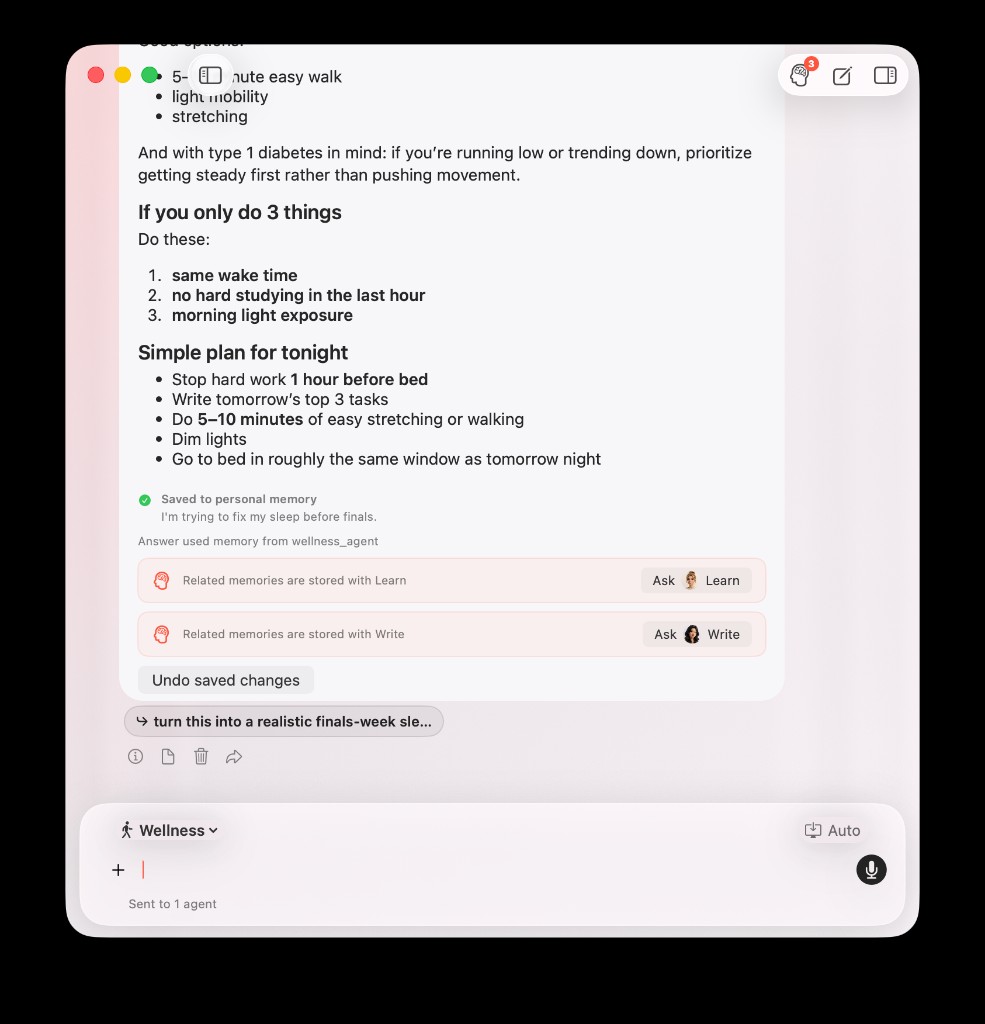 Wellness chat showing Saved to personal memory and Answer used memory from wellness_agent