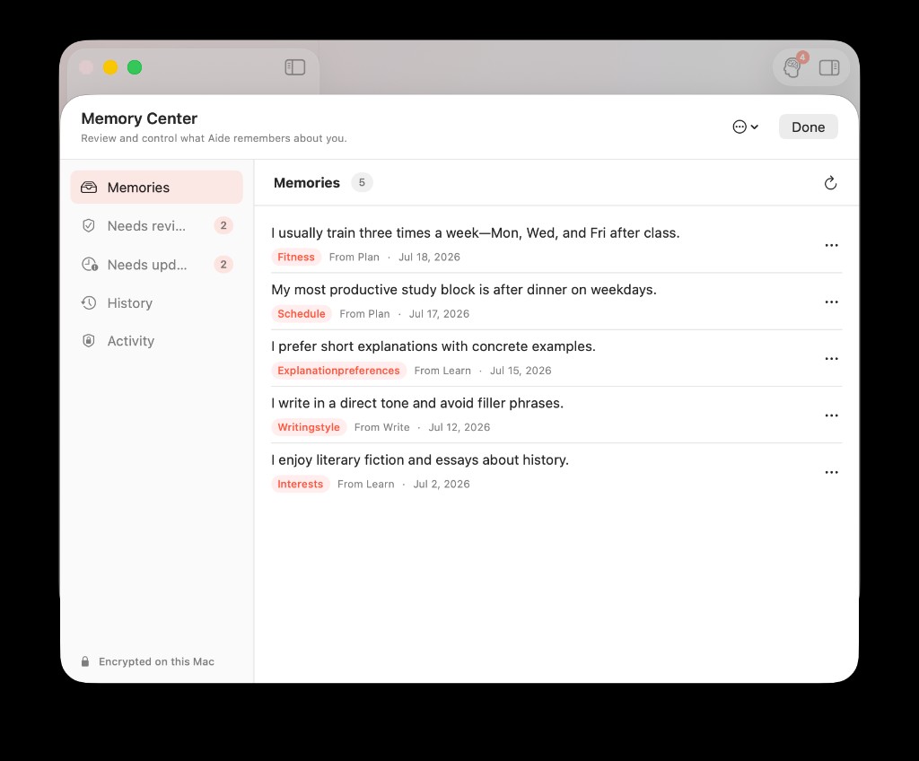 Memory Center Active tab with saved personal facts