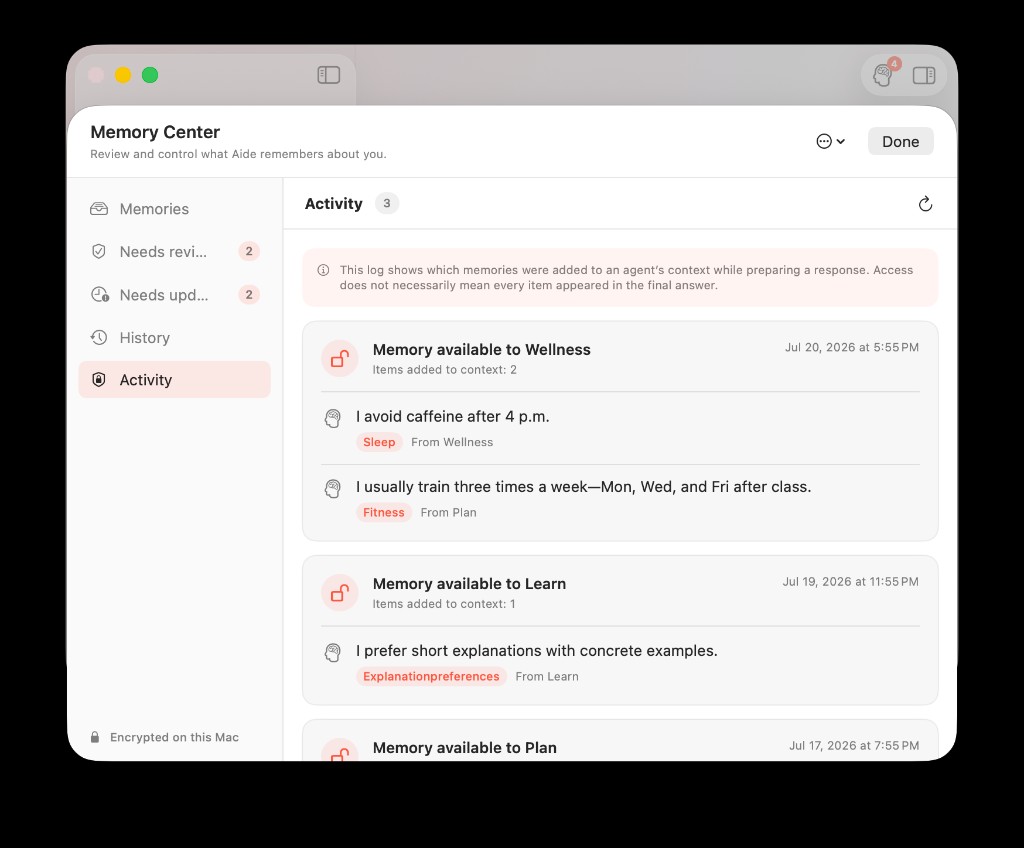 Memory Center Activity tab showing agent memory retrieval