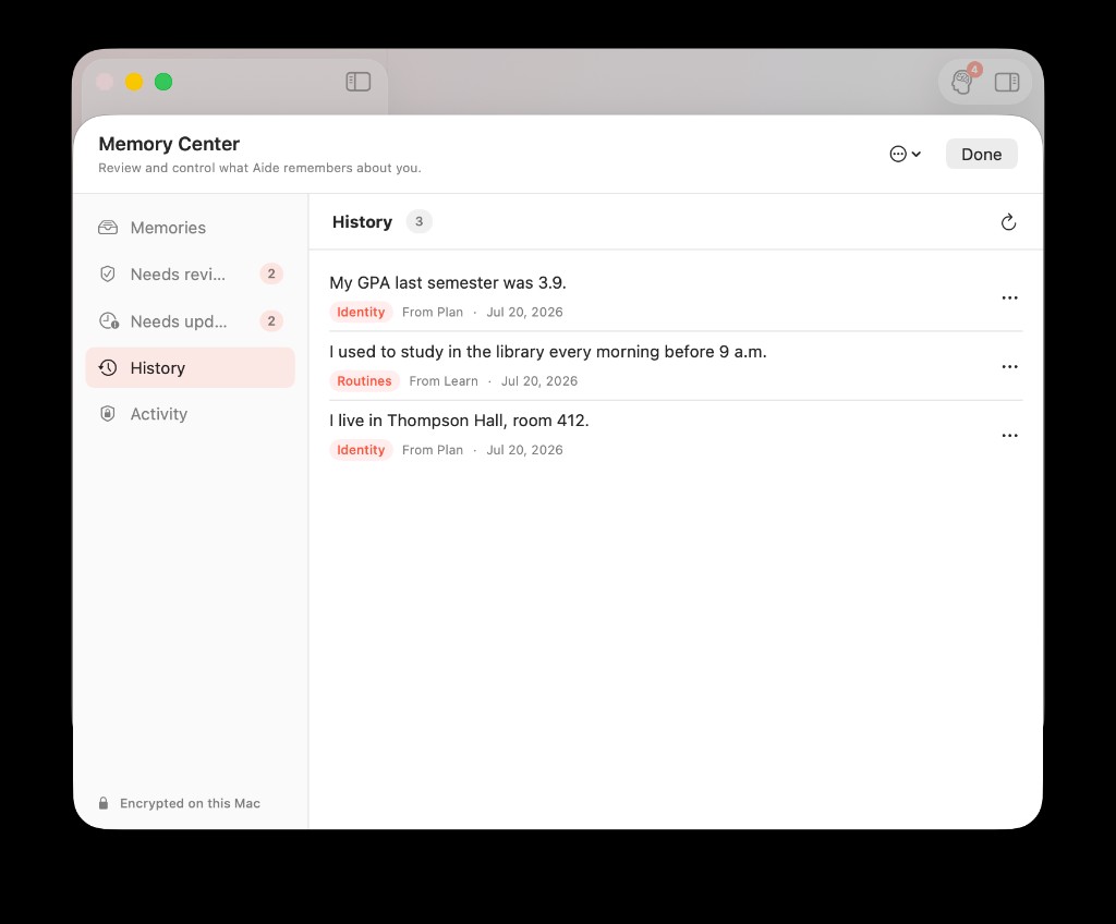 Memory Center History tab