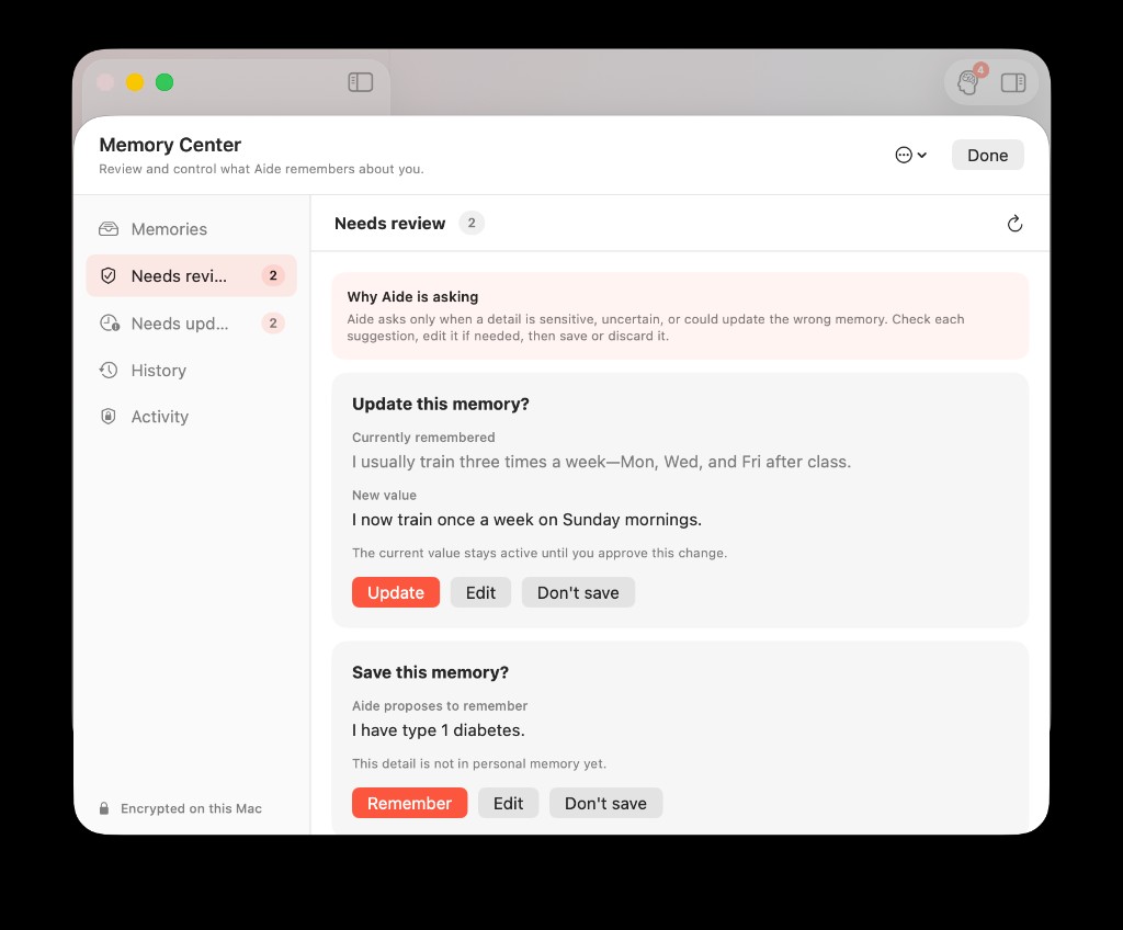 Memory Center Needs review tab with confirmation cards