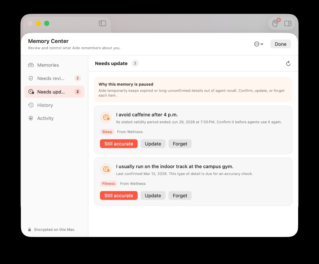 Memory Center Needs update tab with stale facts awaiting confirmation