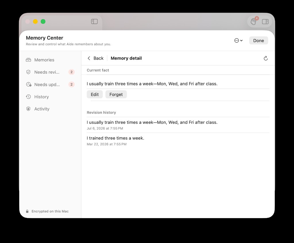 Memory detail with revision history for a training habit