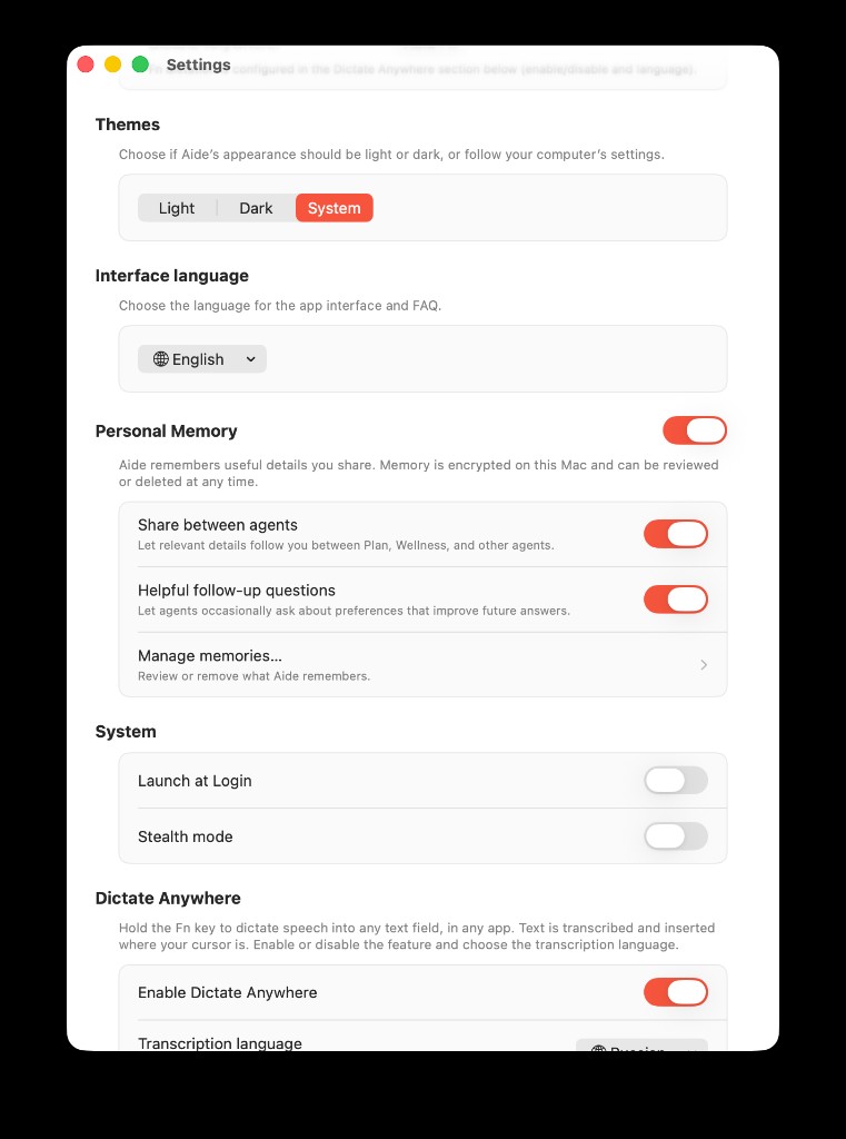 AideAI Settings showing Personal Memory master toggle, cross-agent sharing, follow-up questions, and Manage memories