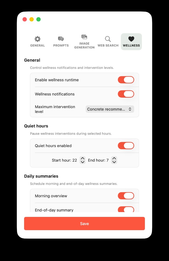 Wellness agent settings with runtime toggle, notification level, quiet hours, and daily summary switches