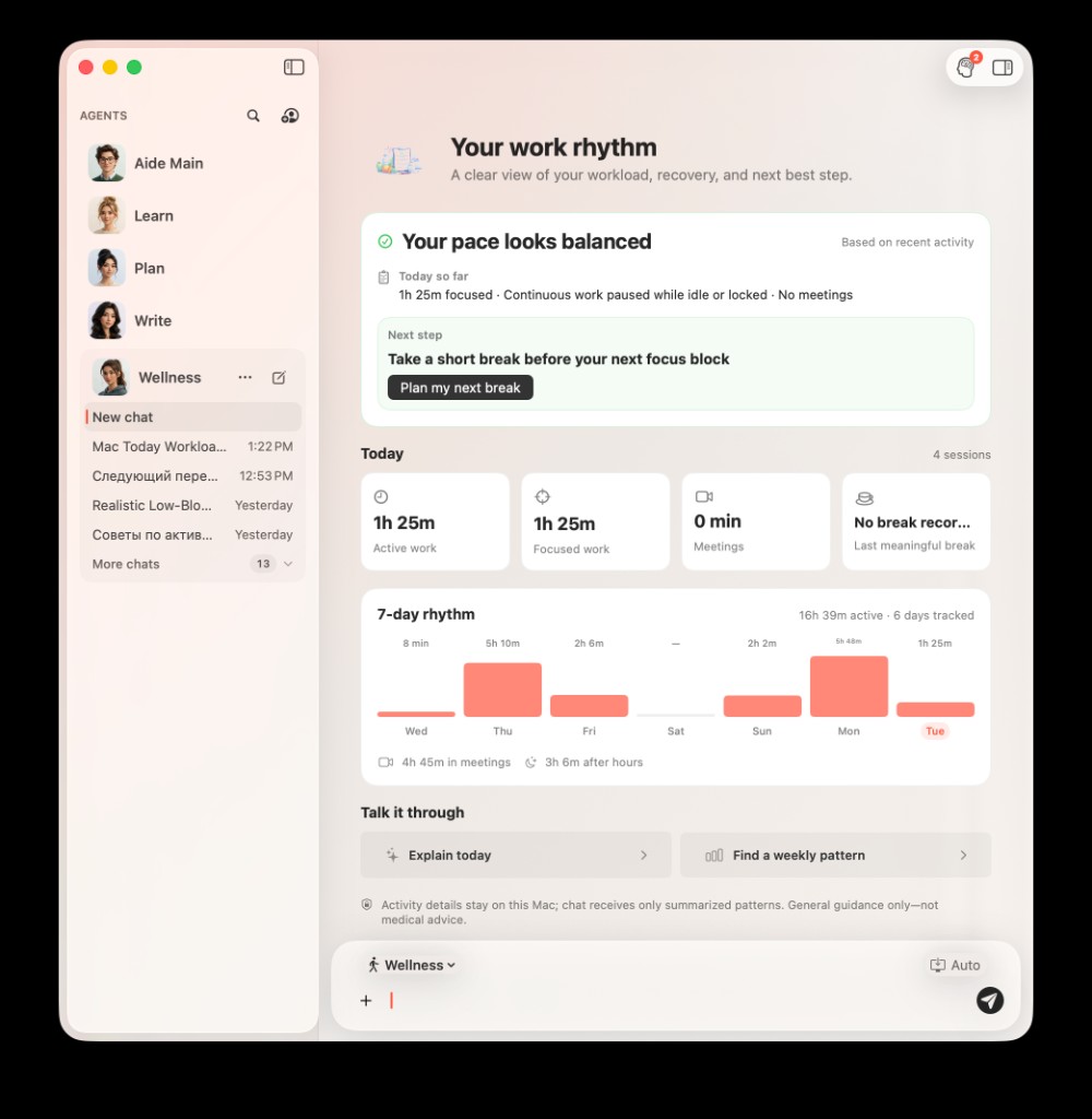 AideAI Wellness chat home showing balanced pace status, today metrics, seven-day rhythm chart, and next-step recommendation