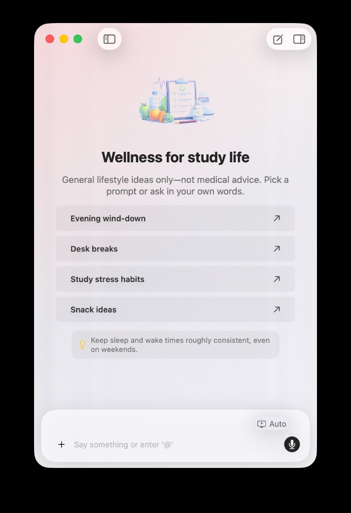 AideAI Wellness mode with study-life prompts for evening wind-down, desk breaks, study stress habits, and snack ideas