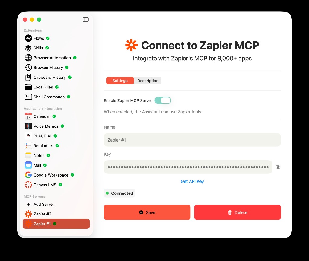 AideAI Zapier MCP settings with enable toggle, name, API key field, Get API Key link, connected status, Save, and Delete